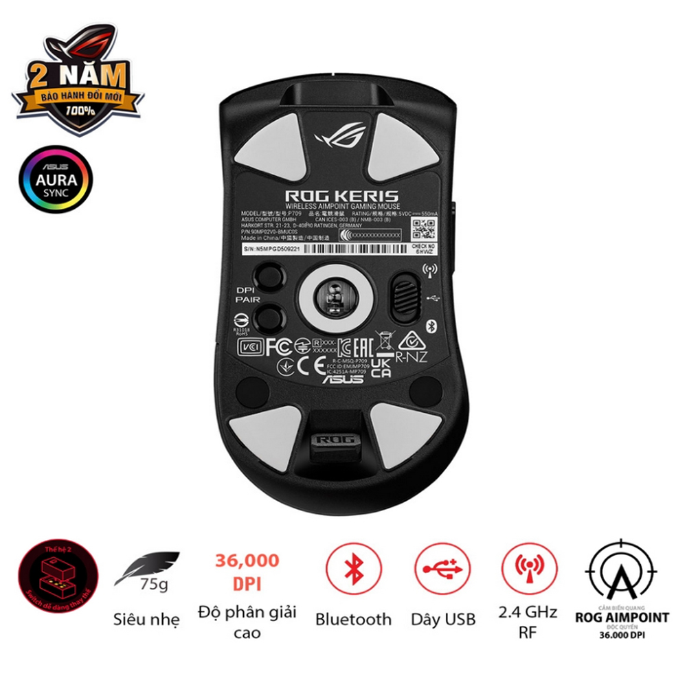 Chuột Gaming không dây Asus Keris Wireless Aimpoint Black (Bluetooth/Wireless/ LED RGB) - Ảnh 3